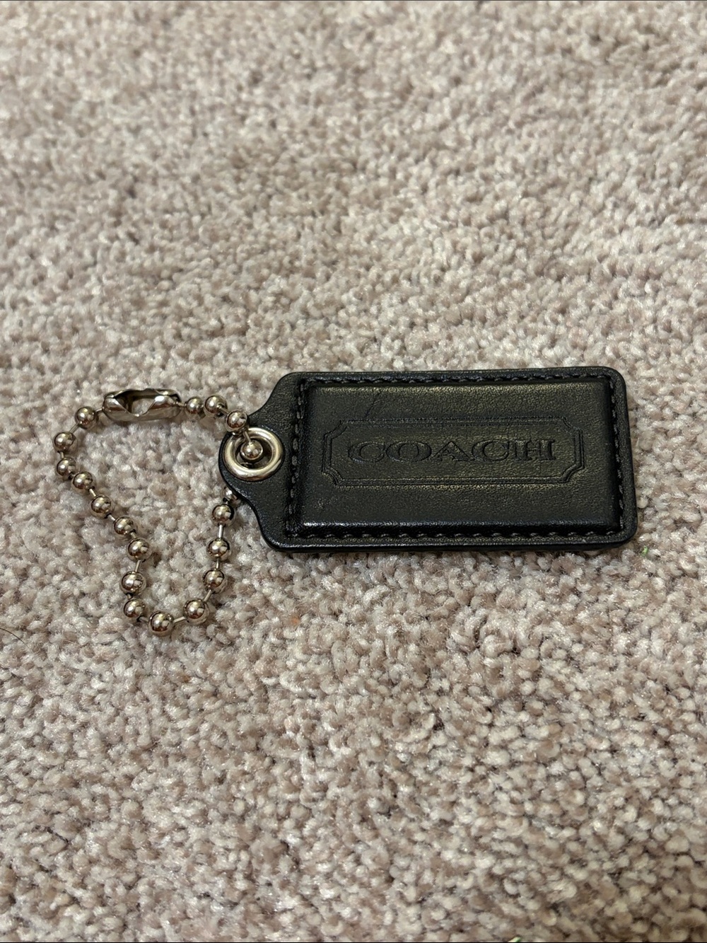 Coach Black Leather Logo Hang Tag with Silver Ball Chain